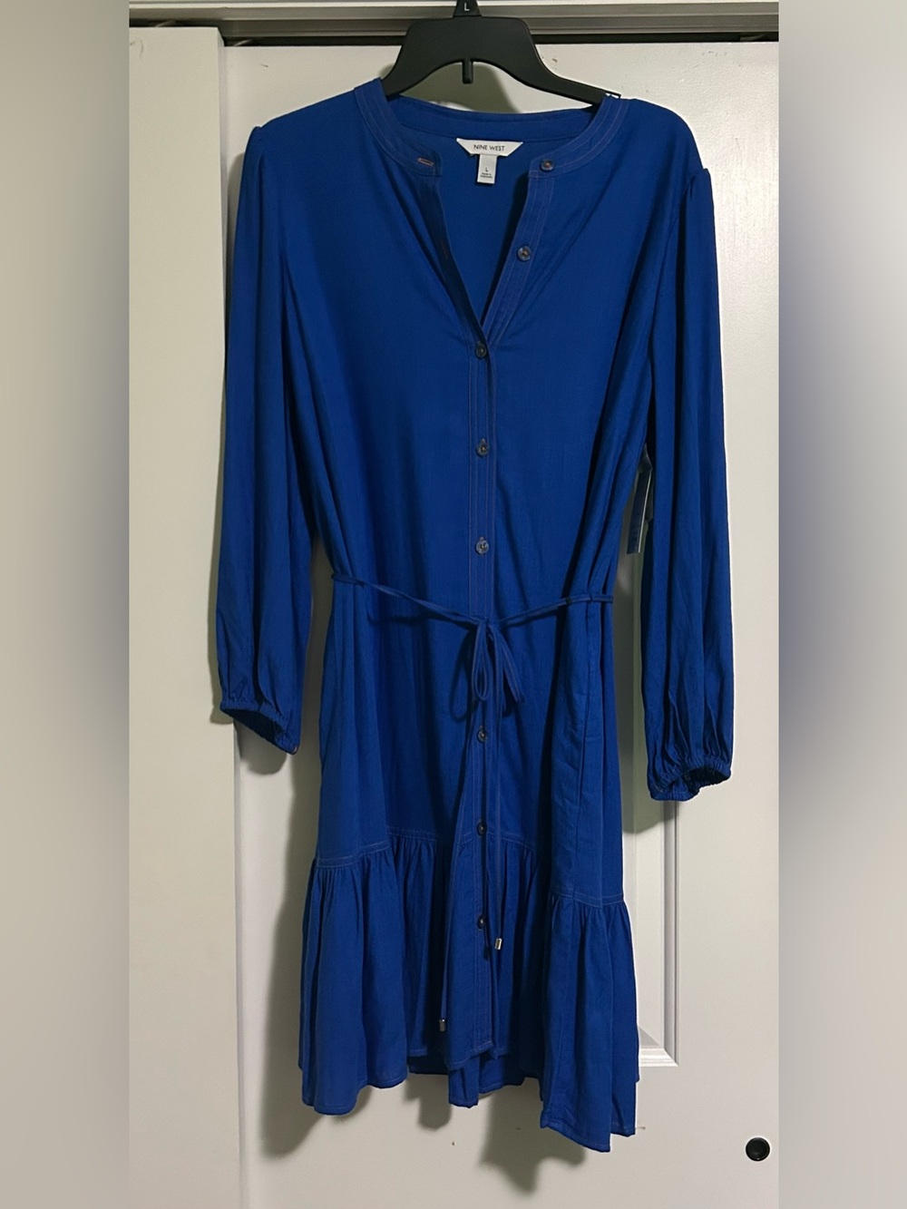 Nine West Cobalt Blue Long Sleeve Button-Front Tie-Waist Dress